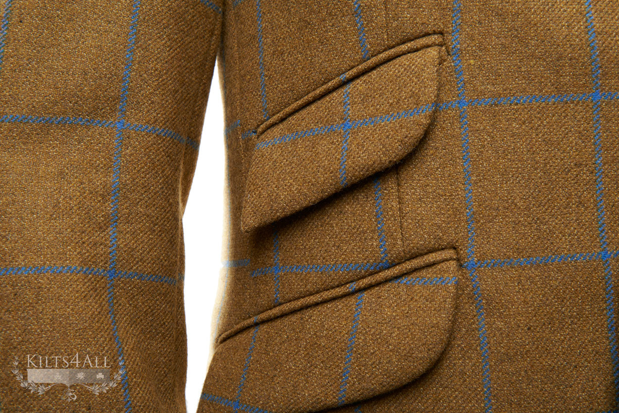 Mens Gold with Blue Check Tweed Jacket & Waistcoat