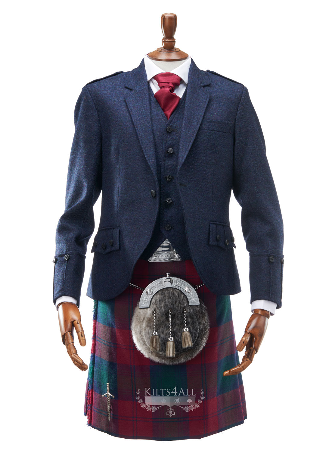Mens Scottish Tartan Kilt Outfit to Hire - Lightweight Navy Tweed Argyll Jacket & Waistcoat